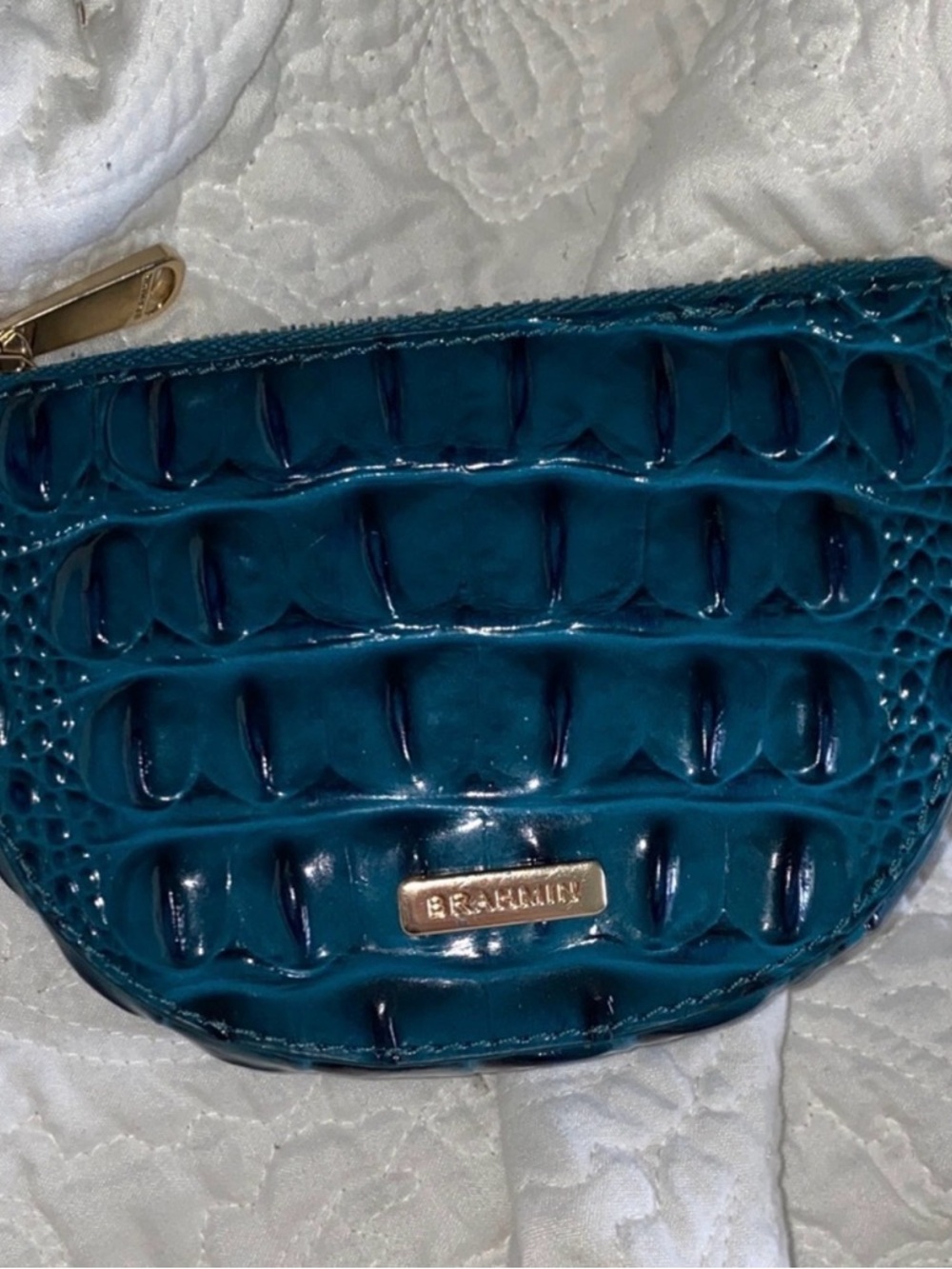 Brahmin Teal Croc-Embossed Coin Pouch with Gold Hardware